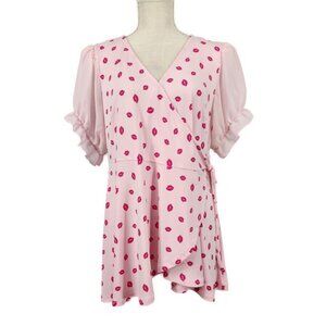 Torrid Pink Lips Studio Knit Chiffon Puff Sleeve Surplice Top Size 1X Blouse